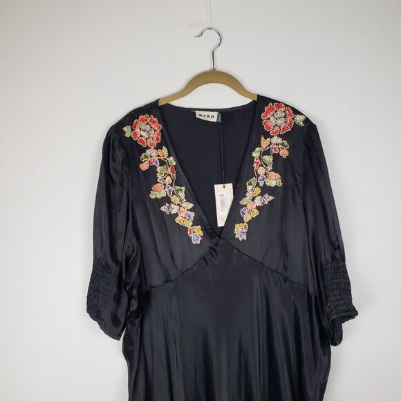 Rixo Zadie Dress Waterblossom Black Satin NWT Sequin Midi Size 4XL US 18 - Picture 4 of 12